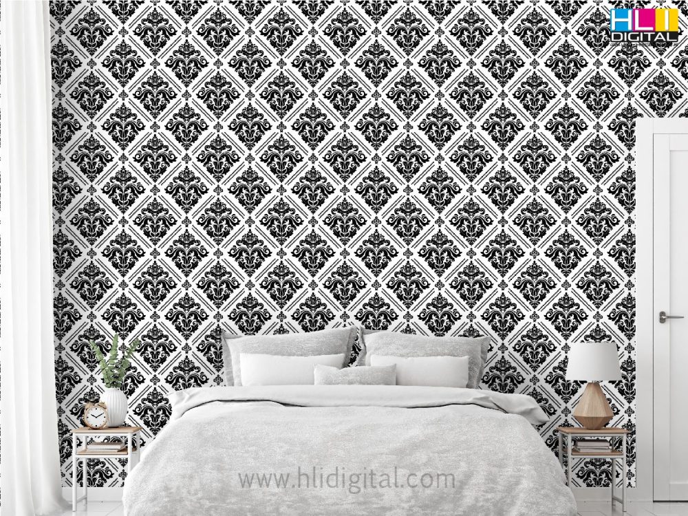 Papel pintado ornamental blanco y negro