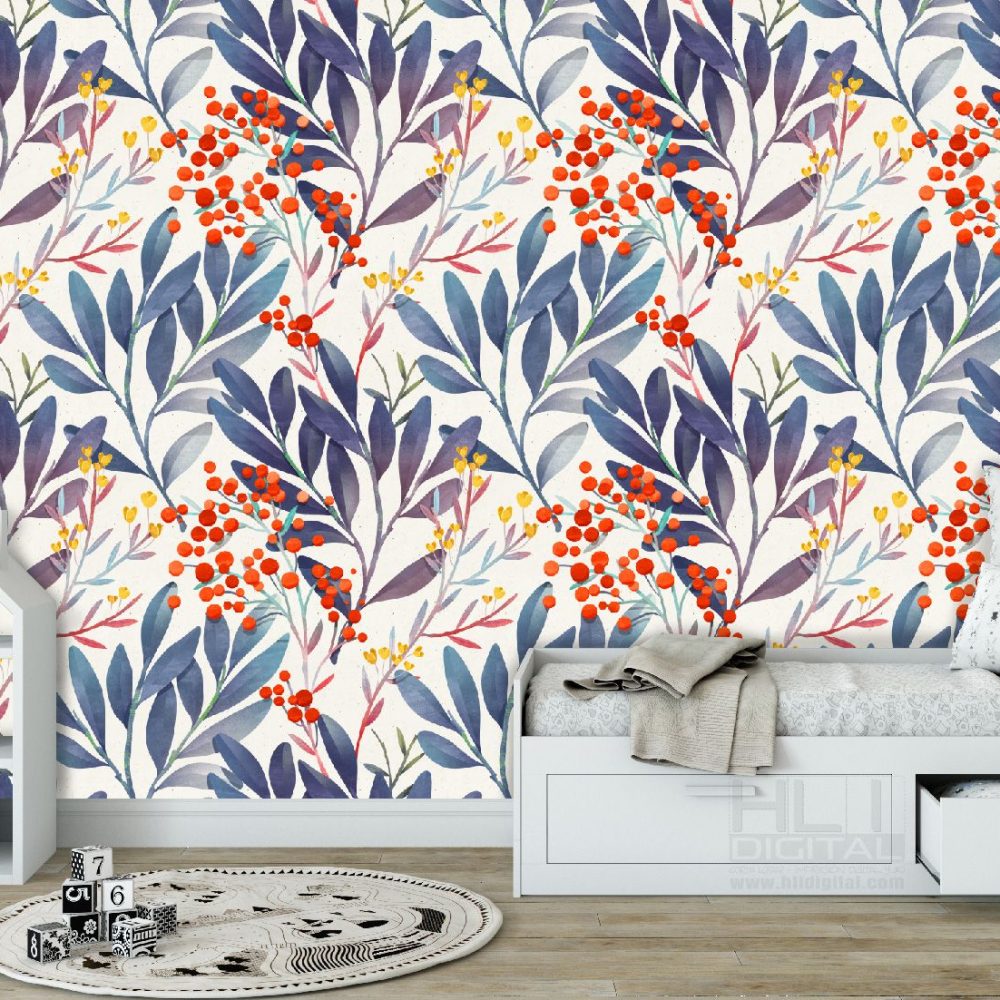 Papel pintado flor azul y naranja