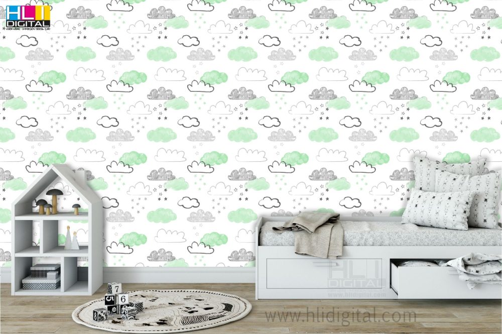 Papel pintado infantil nubes mint - Imagen 2