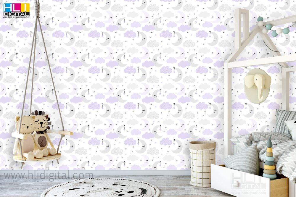 Papel pintado infantil lunas y estrellas malva