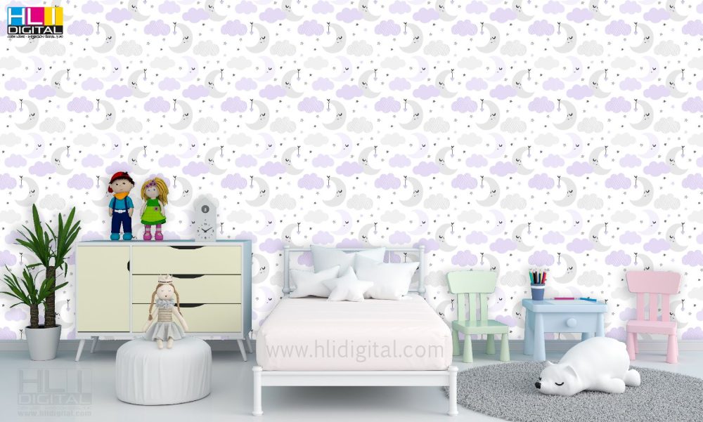 Papel pintado infantil lunas y estrellas malva - Imagen 2