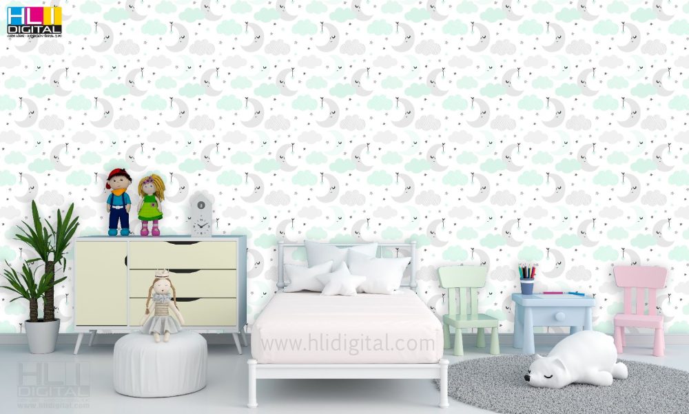 Papel pintado infantil lunas y estrellas mint - Imagen 2