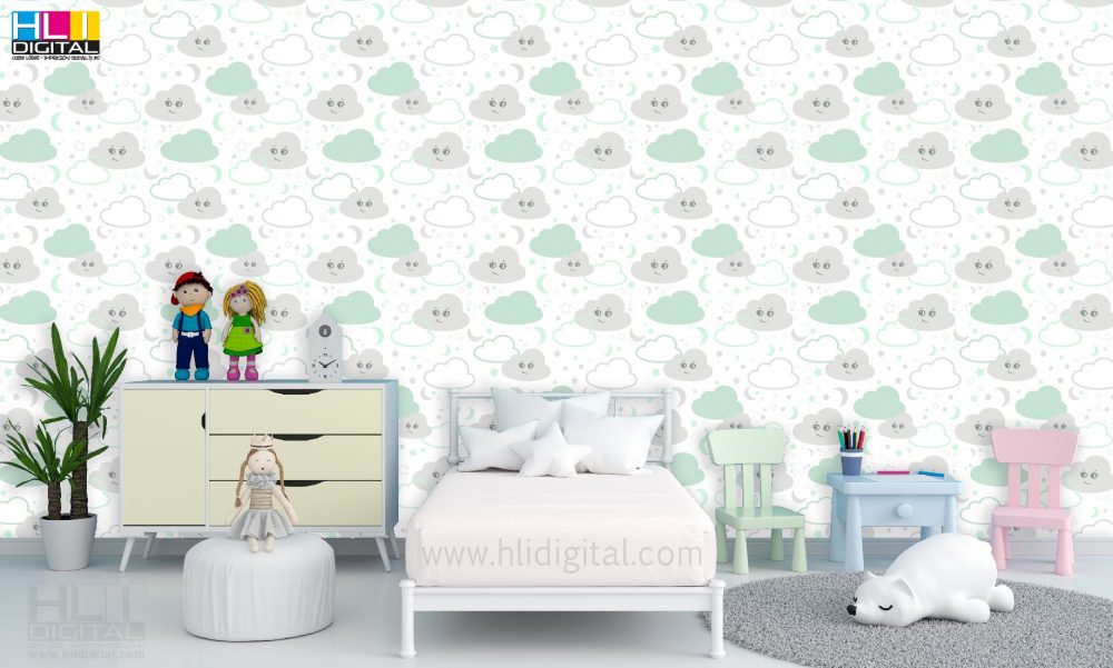 Papel pintado infantil lunas y nubes, mint y gris - Imagen 2