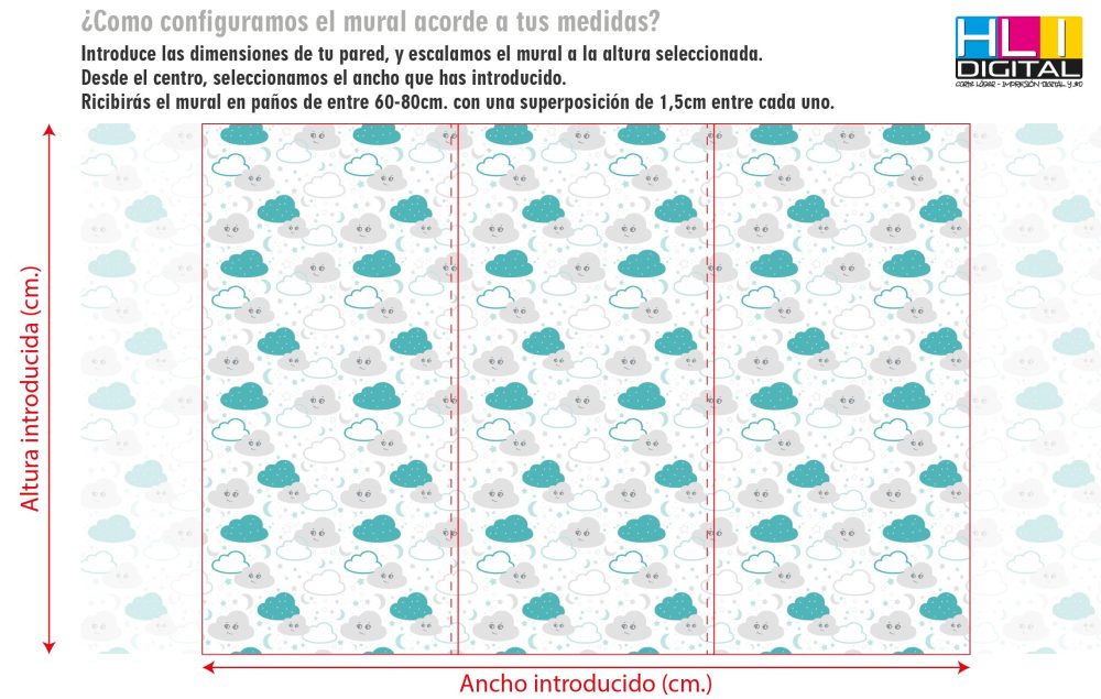 Papel pintado infantil lunas y nubes, Azul verdoso y gris - Imagen 4