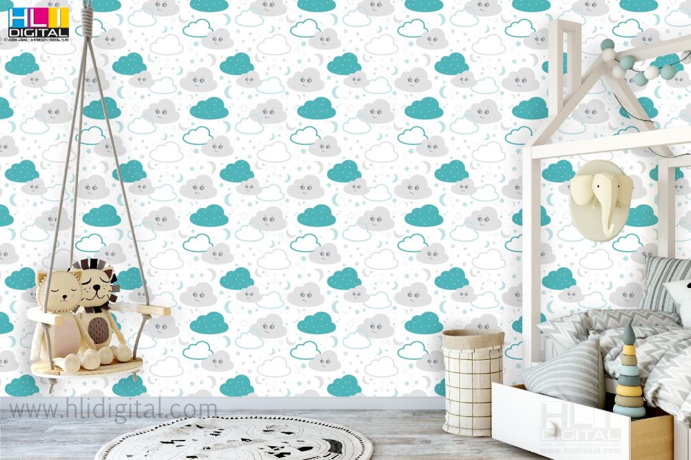 Papel pintado infantil lunas y nubes, Azul verdoso y gris