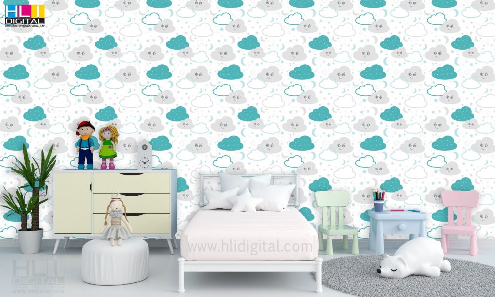 Papel pintado infantil lunas y nubes, Azul verdoso y gris - Imagen 3