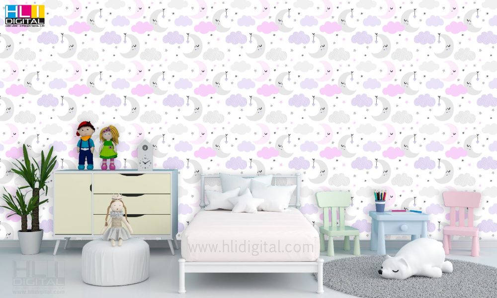 Papel pintado infantil luna, nubes, estrellas, gris, rosa y malva - Imagen 3