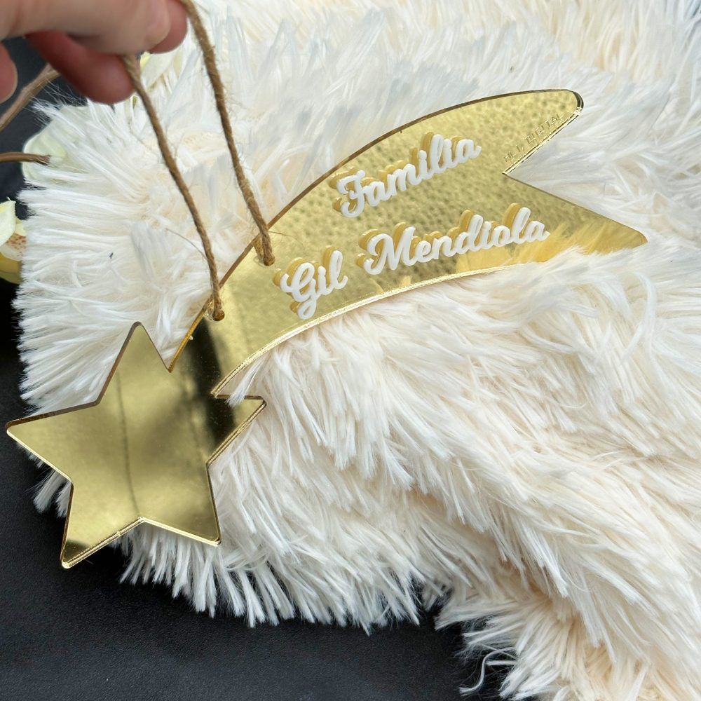 Estrella fugaz espejo oro árbol de navidad texto superpuesto personalizado