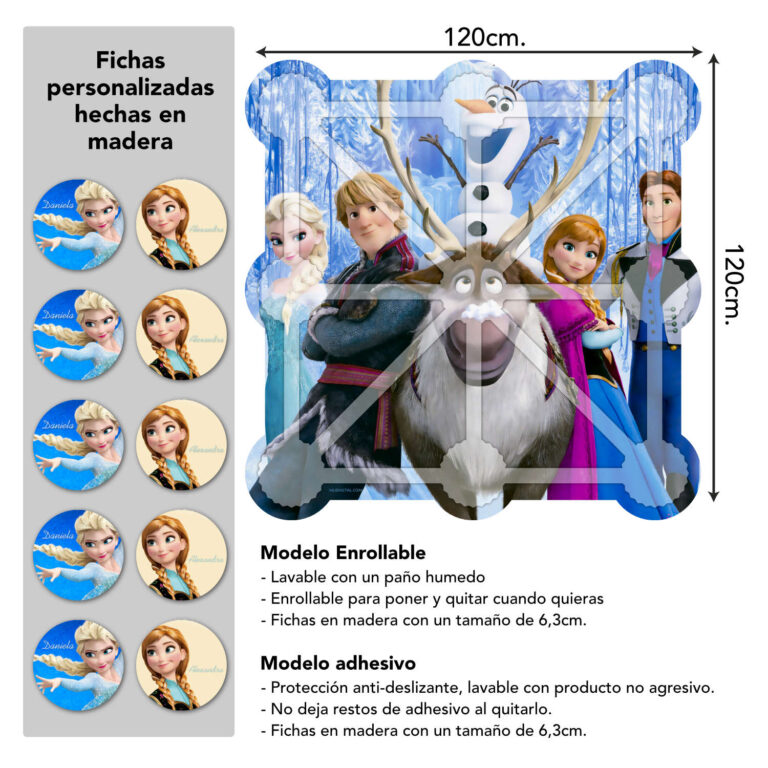 Indicaciones para juego de suelo tres en raya de Frozen. Acabado en vinilo o lona.