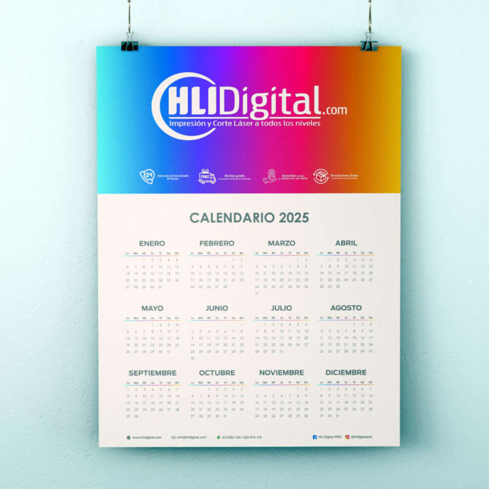 Imprimir calendario tipo poster personalizado. Versión con calendario grande y espacio reducido para la marca.