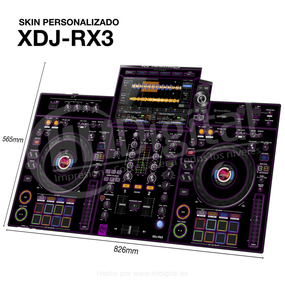 Skin black-neon para controladora XDJ-RX3 acabado en morado